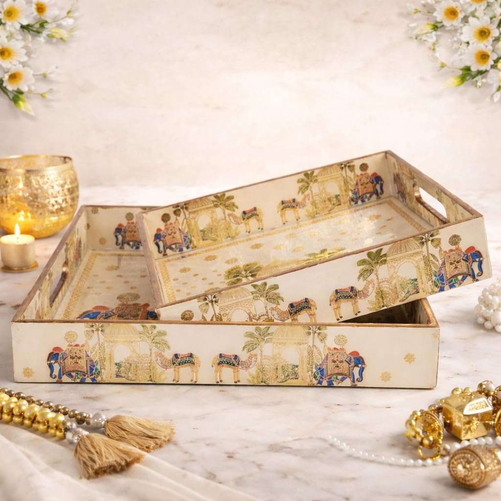 Amimashop® Try Set Serving | Square Wooden Tray, Decorative Serving Tray Set | Wooden Tray Decoration | Serving Trays | Tea Serving Try|Tray Set of 2|Meenakari Tray 12 & 10 Inches 6