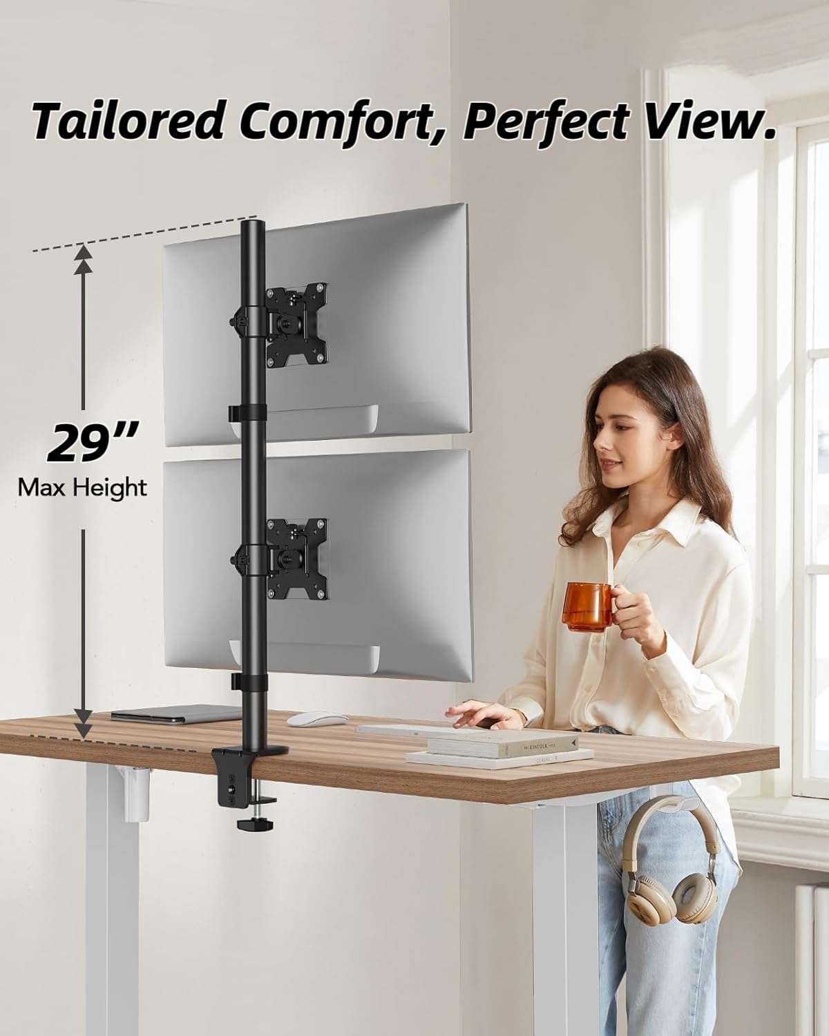 HUANUO Dual Monitor Stand,Vertical Stack Screen Free-Standing Holder LCD Desk Mount Fits Two 13 to 32 Inch Computer Monitors with C Clamp Grommet Base Stacking Displays Tilt Swivel Height Adjustable 4