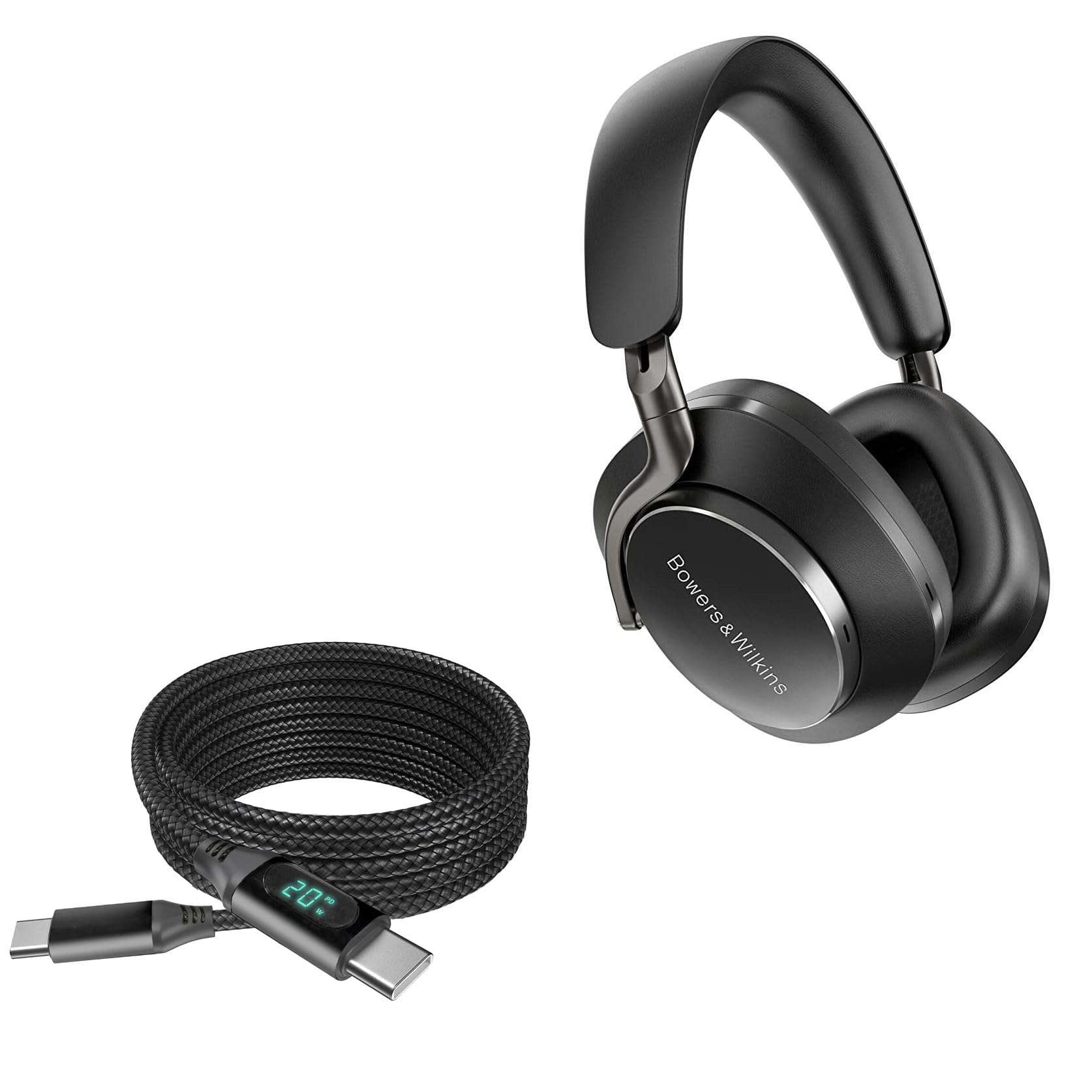 BoxWave Cable Compatible with Bowers & Wilkins Px8 - PowerDisplay PD Cable (6ft) - USB-C to USB-C (100W), LED Wattage Info Extra Long Braided Nylon - Jet Black 1