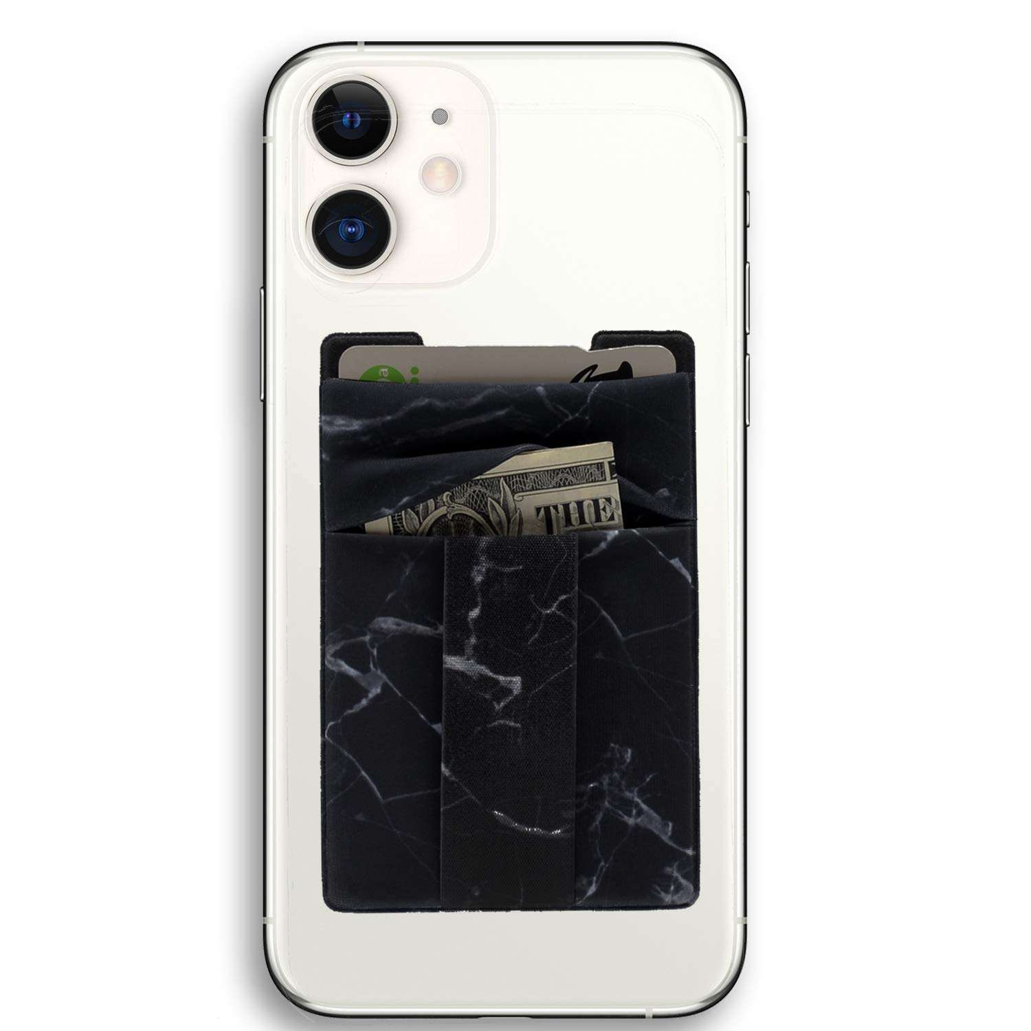 polifall Cell Phone Card Holder Stick On Wallet Sleeve Back - Double Pocket + Finger Grip Strap Loop + Metal Plate for Magnet Mount + RFID Block for iPhone, Galaxy, Android, Mobile - Black Marble 1