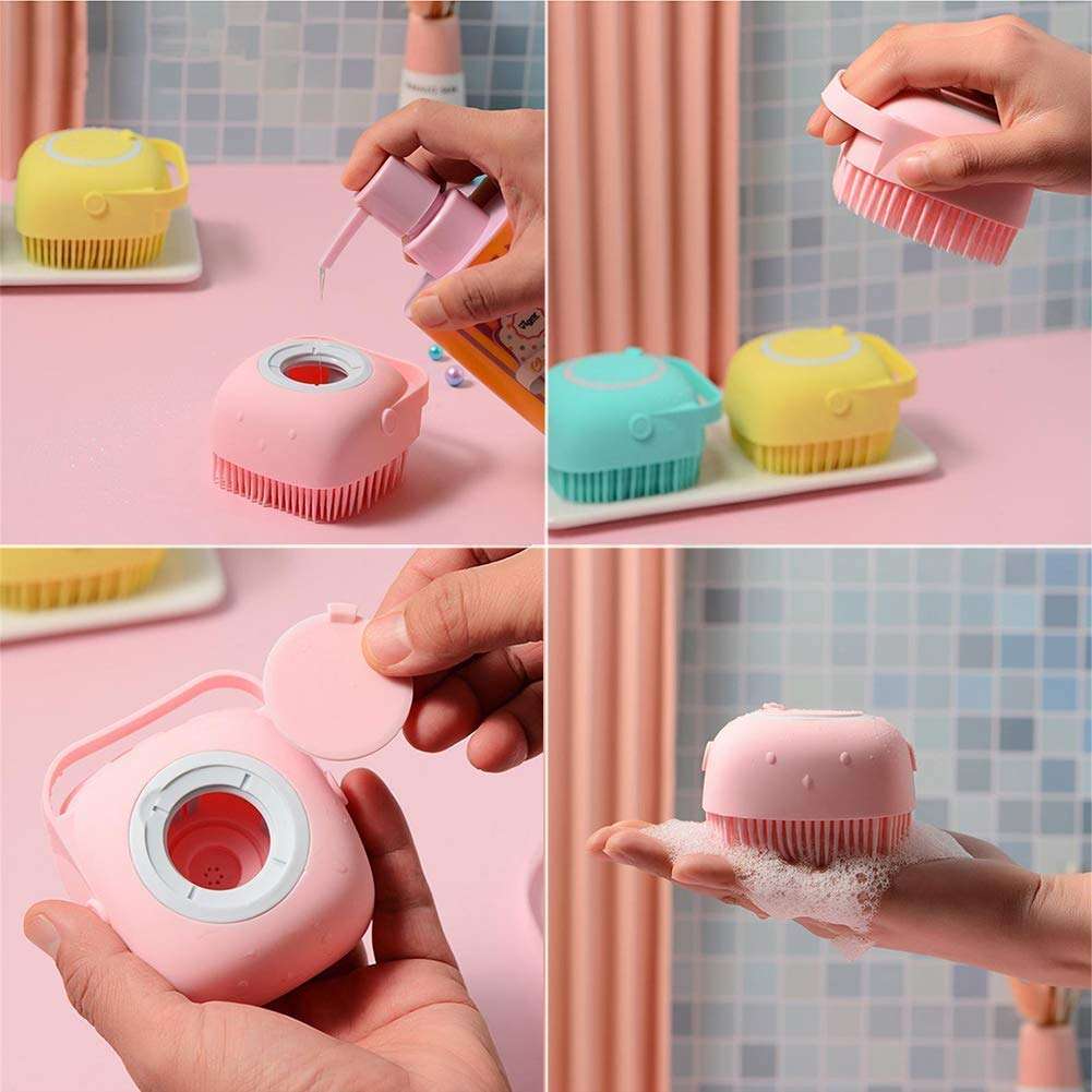 xivam zone Soft Silicone Bath Brush With Hooks Baby Showers silicon Cleaning Brushes Massage Skin Scrubber Can Fill Shampoo (MULTI COLOUR) (pack of 1) 6