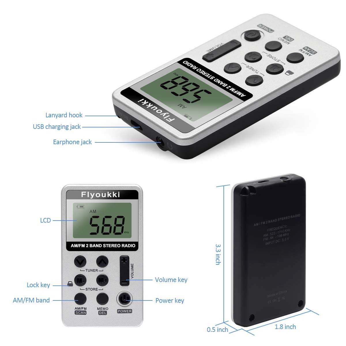 Pocket Small Radio by Flyoukki, Personal Mini AM FM Portable Digital Tuning Transistor Radios with Best Reception, Earphones, Lanyard and Rechargeable Battery for Walking Jogging Exercising (Silver) 3