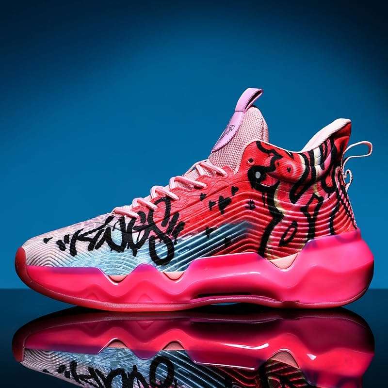 Bacury Women Men Basketball Shoes Colorful Fashion Sneakers Painting Running Sports Shoes Pink Red Size 8 4