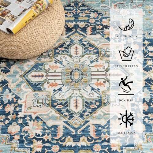 Vamcheer Washable Area Rug 5x7 - Ultra-Thin Classic Chenille Rugs for Living Room Bedroom Dining Room Traditional Carpet for Office Kitchen Non Slip Blue-Green Outdoor Vintage Rug 4