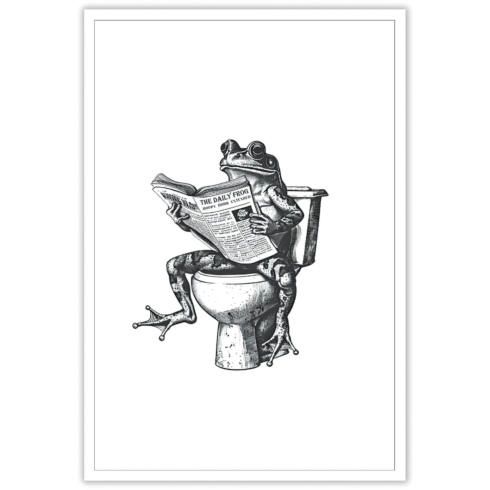 Generic Funny Frog Wall Art - Retro Frog on Toilet Reading Newspaper - Canvas Art Print - Black and White - 8x12 Inch - Unframed - Bathroom Decor