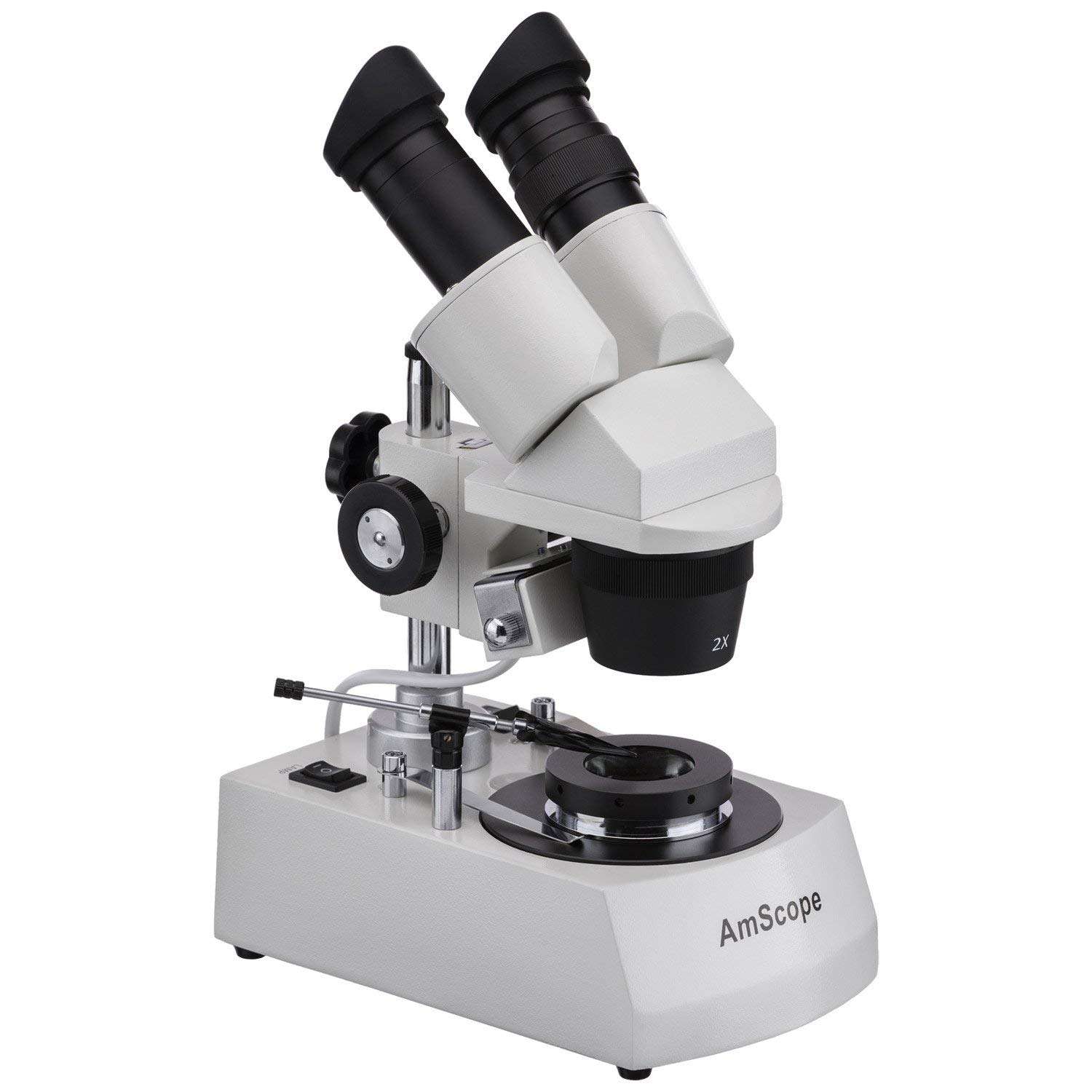 AmScope SE306-P-DK Binocular Stereo Microscope, WF10x Eyepieces, 20X and 40X Magnification, 2X and 4X Objectives, Upper and Lower Halogen Lighting, Reversible Black/White Stage Plate, Pillar Stand, 120V, Includes Darkfield Condenser 3