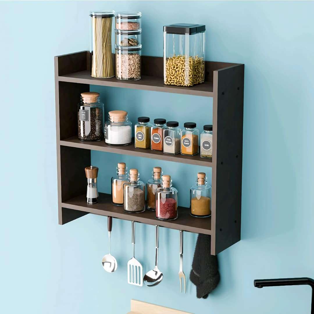 Shoper cart Modern Kitchen Wall Shelf with Hooks, 3-Tier White and Beech Wood Storage Rack, 55 x 50 cm, Utensil Organizer with Spice Jar Display (Brown) 6