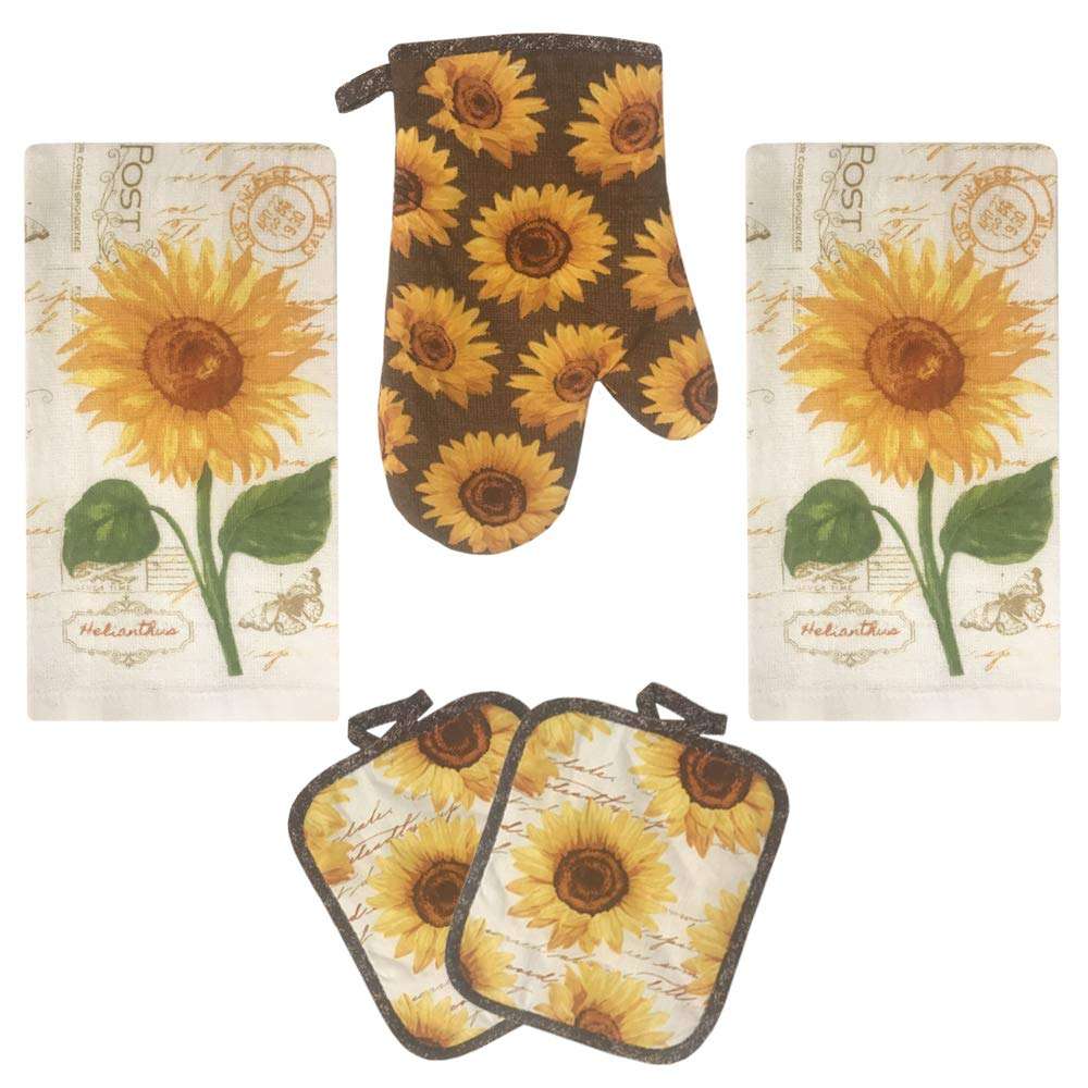 Lobyn Value Packs Golden Sunflower Kitchen Towel 5 Piece Linen Set 2 Towels 2 Pot Holders 1 Oven Mitt 1