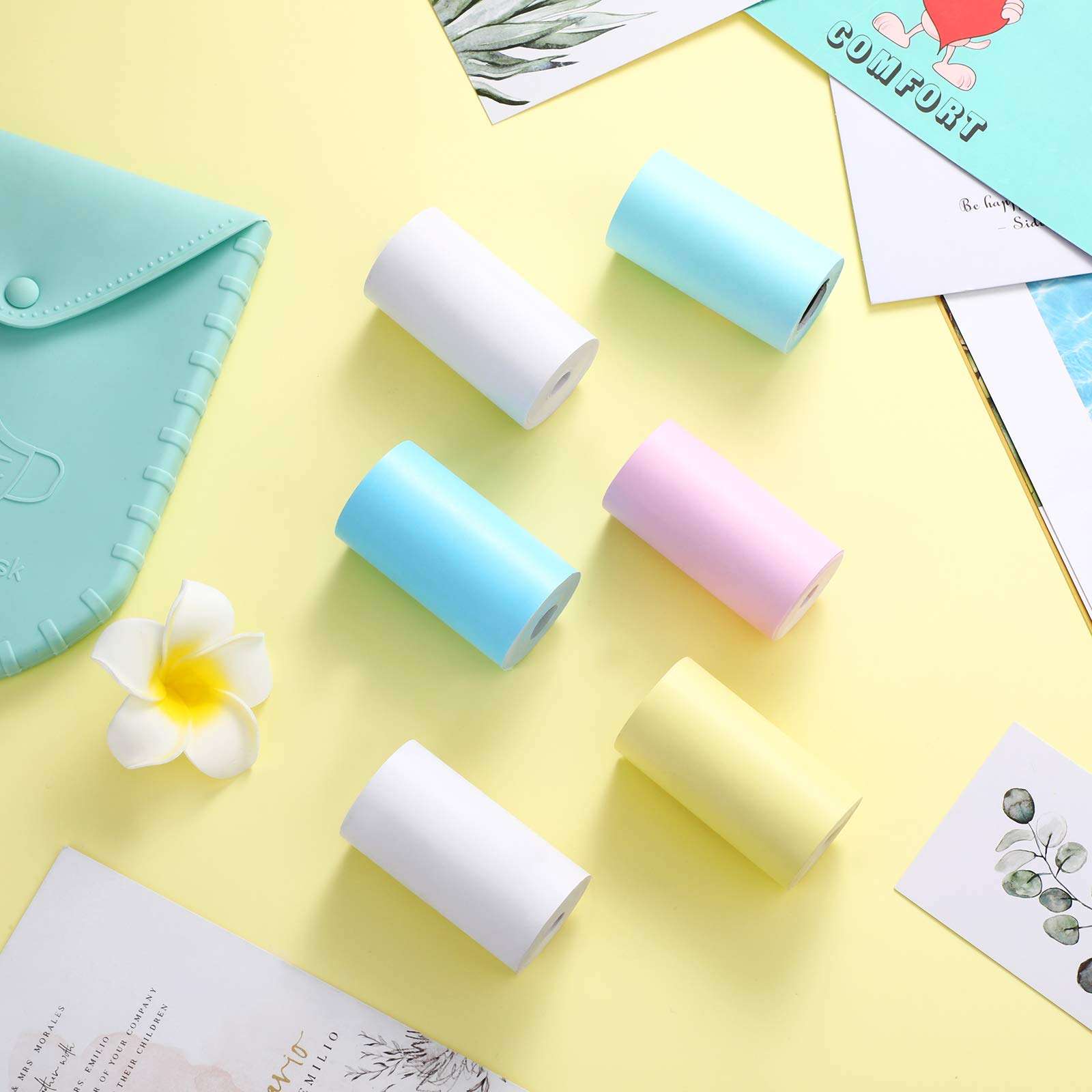 5 Pieces Glossy Printable Paper Roll Set Direct Thermal Paper Mini Thermal Printing Label with 1 Piece Self-Adhesive Printable Sticker for Portable Pocket Mobile Printer, 57 x 30 mm 4