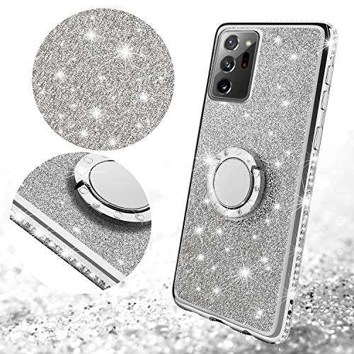 KUOGAS Samsung Galaxy Note 20 Ultra Case, Ultra-Slim Glitter Sparkly Bling Shiny TPU Rotating Ring Stand Silicon TPU Shockproof Protective Cell Phone Cover for Galaxy Note 20 Ultra(Silver) 6