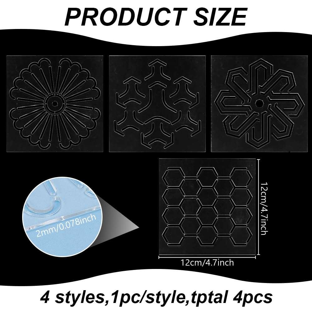 WEBEEDY 4 Styles Acrylic Sashiko Stencil Reusable Tree,Hexagon,Windmill,Clover Sashiko Pattern Template for Adults Beginners Drawing Line Template for Hand Quilting Embroidery,12x12x0.2cm/4.7x4.7x0.1 3