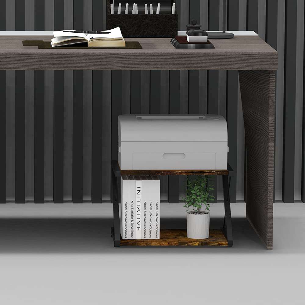 VEDECASA Rustic Wooden Desktop Printer Stand 2 Tier Printer Shelf Farmhouse Industrial Vintage Wood Table Side Storage Organizer for Home Office X Shaped Under Desk Printer Stand 3