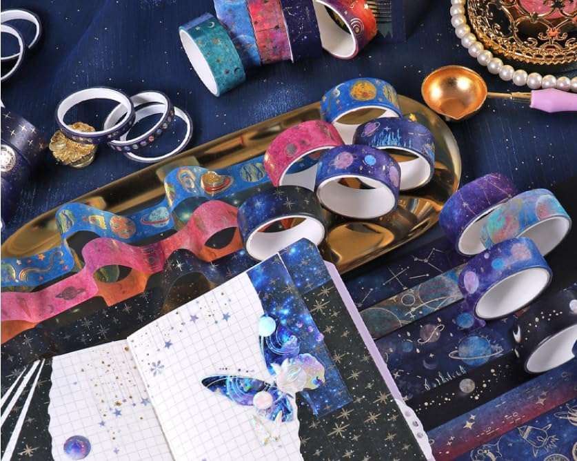 24 Rolls Handmade Decorative Masking Tape for Journaling, DIY Crafts, Scrapbooking - Easy Peel & Stick, Vintage Art Design，Washi Paper，Gift Wrapping, Home Decor - Waterproof, Reusable,Galaxy 6
