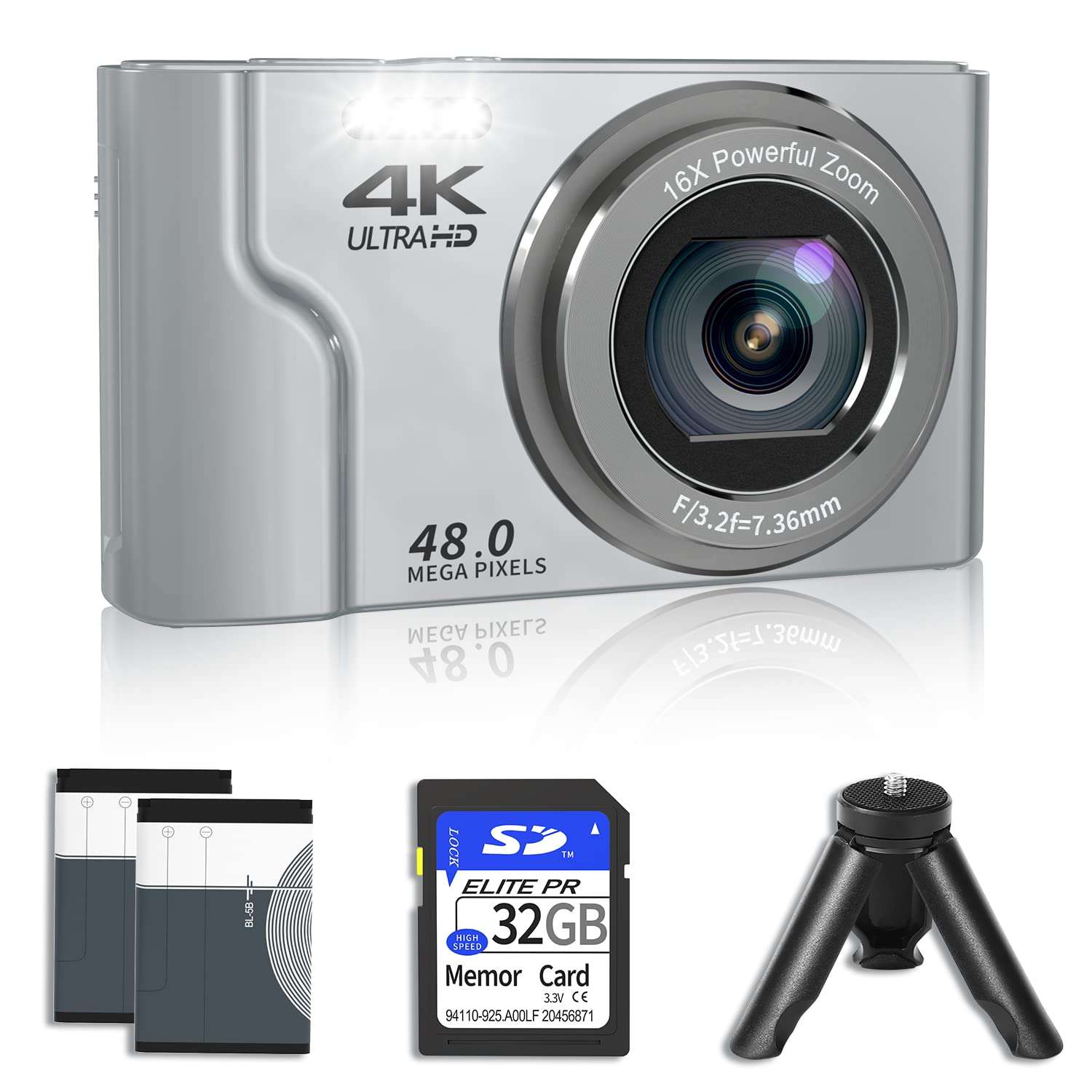 Digital Camera, Mini Camera with 2.8" Screen 16X Digital Zoom, VJIANGER 4K Vlogging Camera 48MP Pocket Camera for Kids Teens Aldults with 32GB SD Card & 2 Rechargeable Batteries & Tripod(DC6-4 Silver) 1