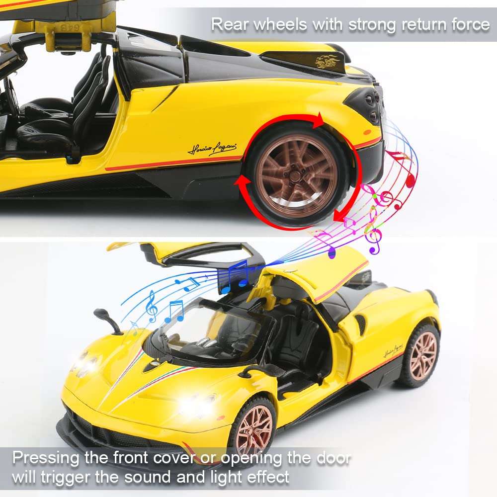 chengchuang Diecast Toy Car Collectible Pagani Huayra Dinastia Sports Car Model,1:32 Scale Zinc Alloy Simulation Casting Pull Back Vehicles with Lights and Music for Toddlers Kids Children (Yellow) 4