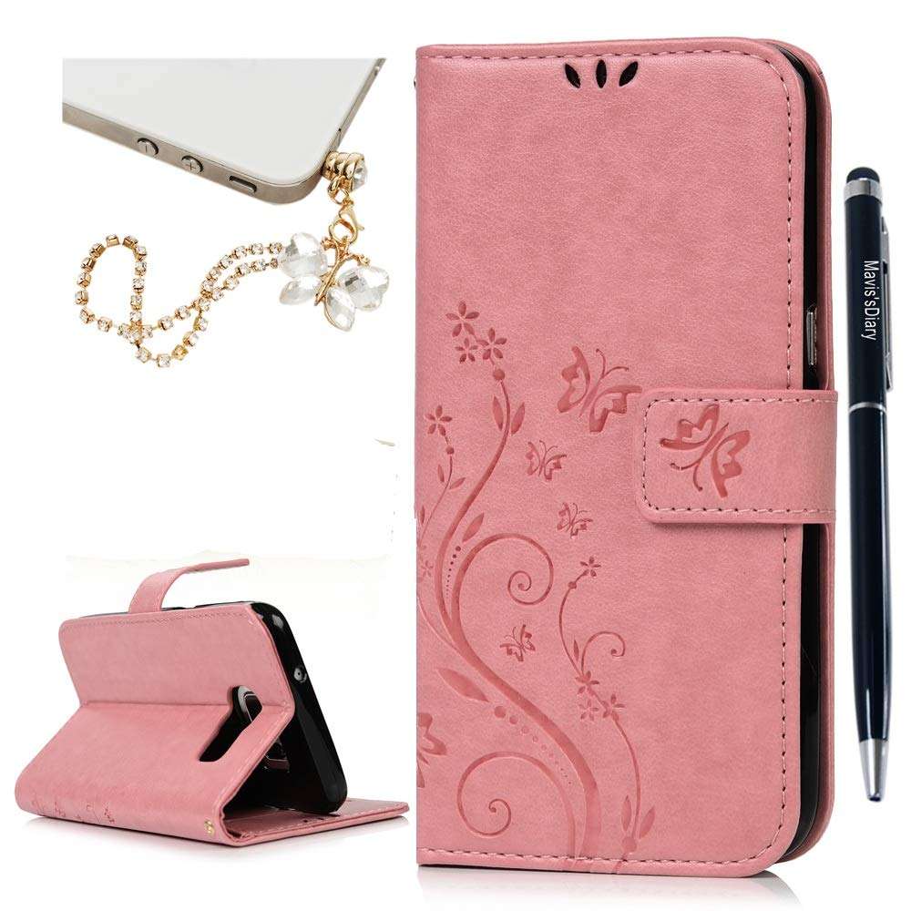 Mavis's Diary Galaxy S7 Edge Wallet Case Fashion Floral Butterfly Embossed PU Leather Magnetic Flip Cover Card Holders & Hand Strap for Samsung Galaxy S7 Edge with Bling Dust Plug & Pen (Pink) 1