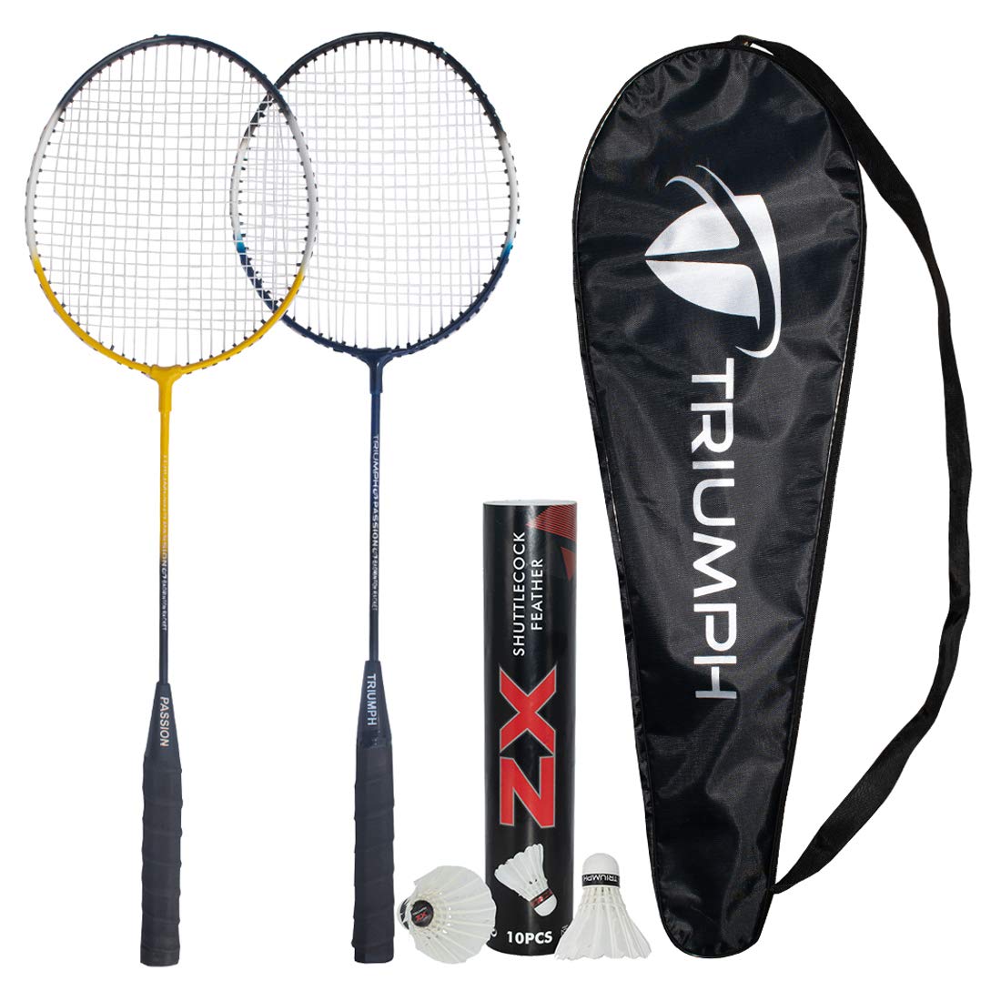 Triumph Alloy Steel Badminton Racquet, Passion Badminton Racket Set 2 Pc Badminton Racket with 10 PC ZX Feather Shuttlecock and Full Racket Cover to Carry Both Rackets Perfect for Adults (Multicolour)