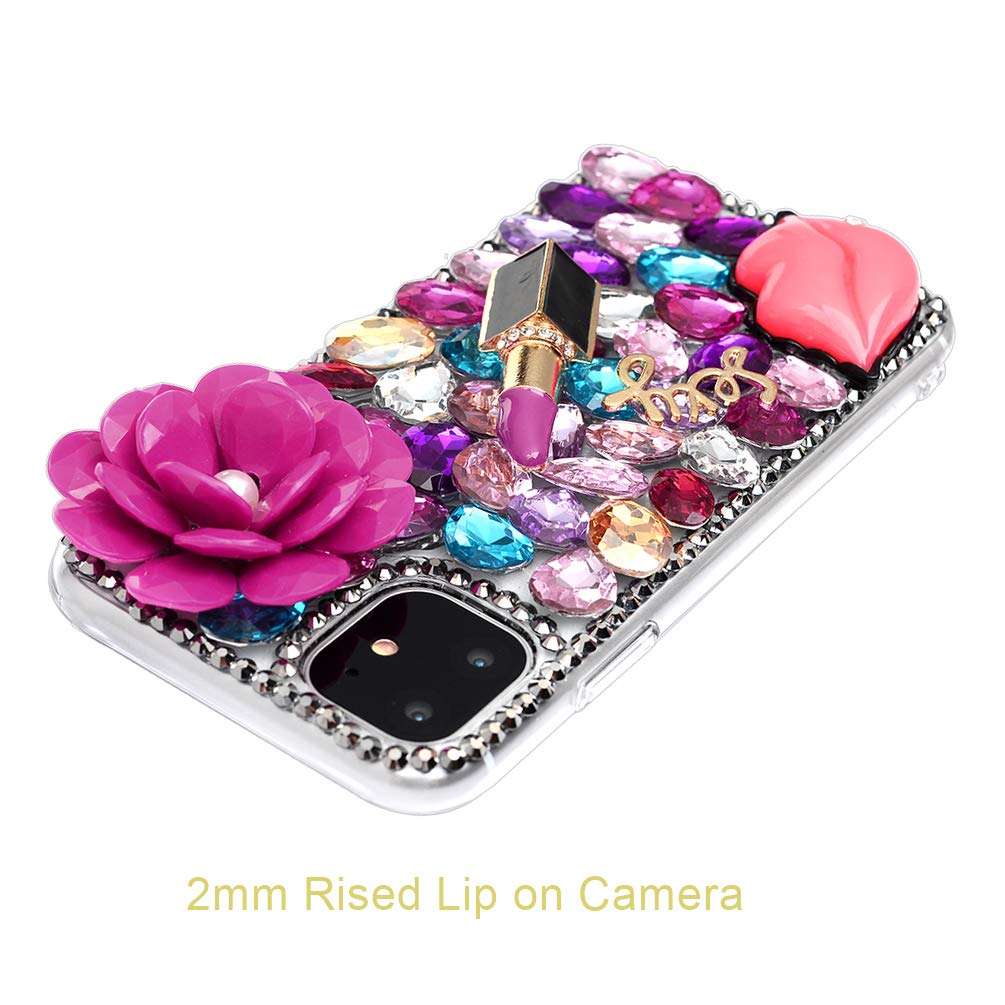 Mavis's Diary iPhone 11 Case, 3D Handmade Bling Crystal Hot Pink Flower Sexy Lips Lipstick Colorful Shiny Glitter Sparkly Diamond Rhinestone Sliver Rivet Hard PC Cover, Sexy Lips 6