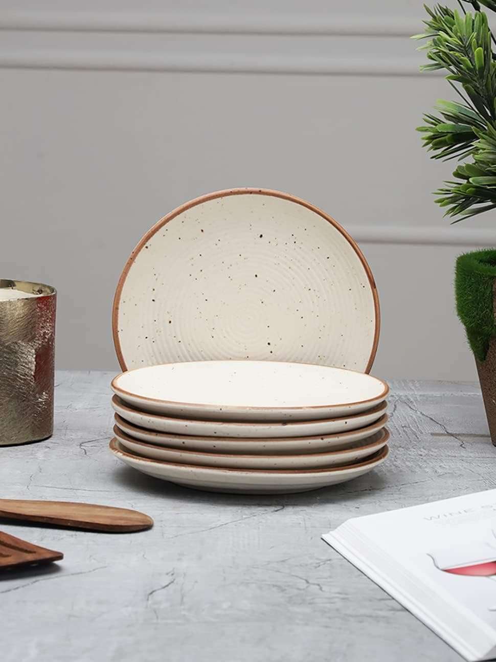 miah decor Quarter Plates Set of 4, Ceramic Stoneware Plates | Cream Snack & Side Plates with Brown Rim | Ribbed Design | Microwave & Dishwasher Safe (MD-705) 1