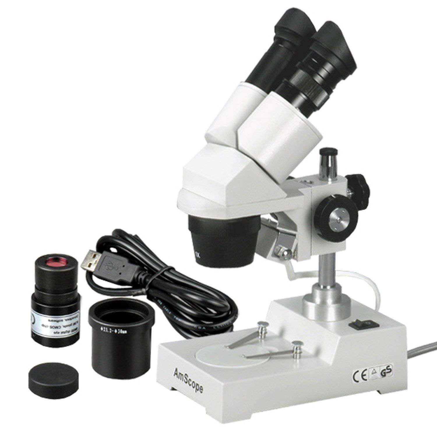 AmScope SE303-P-E Digital Binocular Stereo Microscope, WF10x Eyepieces, 10X and 30X Magnification, 1X and 3X Objectives, Tungsten Lighting, Reversible Black/White Stage Plate, Pillar Stand, 110V, Includes 0.3MP Camera and Software 1