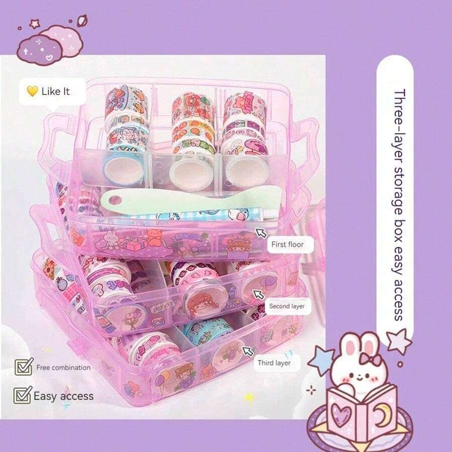 Washi Tape Set (100 Pcs) with 20 Kawaii Stickers, Tweezers, Pen & Spatula | Decorative Masking Tapes in 3-Layer Storage Box for DIY Crafts, Journaling, Scrapbooking & Bullet Planner (purple) 4