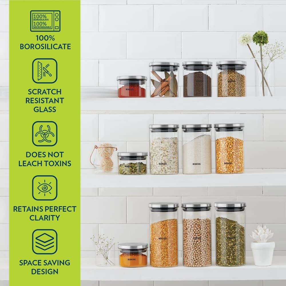 Borosil Classic Glass Jar, Air-Tight Storage Containers For Kitchen, Glass Storage Organiser For Spices, Snacks, Grains, Dals, 300ml, Clear 6