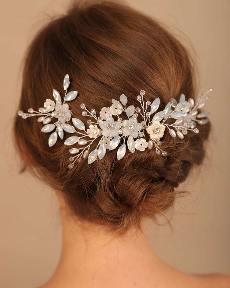 Rumtock Opal Crystal Beads Silver Hair Comb Hair Pins Set for Wedding Brides Women Banquet Dancing Ball Handmade Hair Piece (Silver) 1