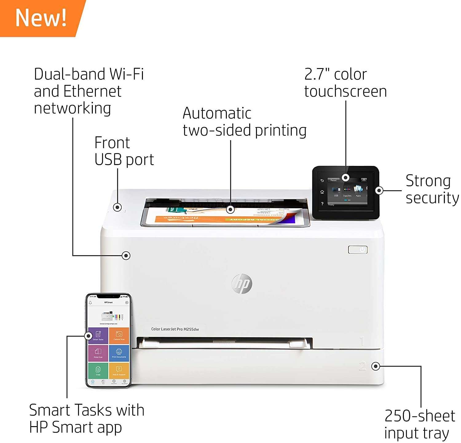 HP Color Laserjet Pro M255dw Wireless Laser Printer, Remote Mobile Print, Auto 2-Sided Printing, 22 ppm, 250-Sheet, Compatible with Alexa (7KW64A), White-Bundle with Printer Cable 4