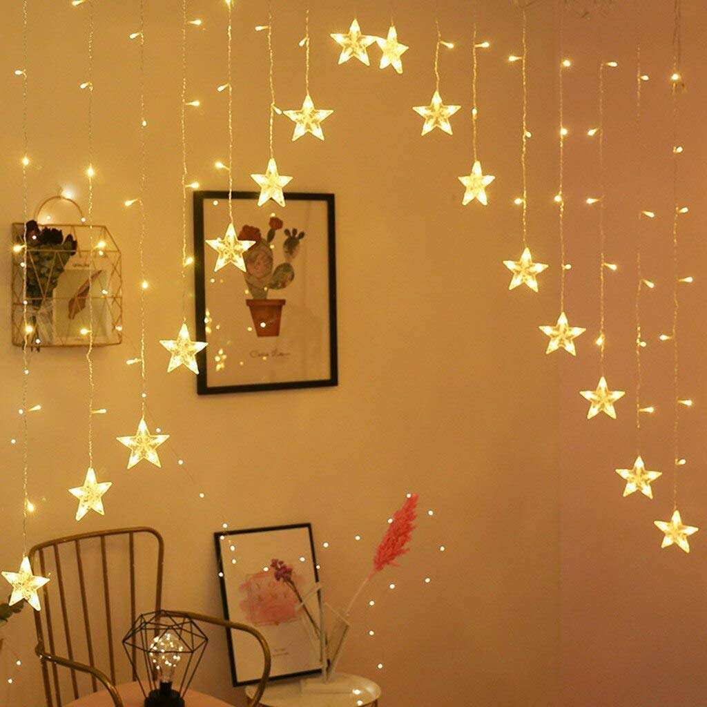 MIRADH 16 Stars 136 Led Curtain String Fairy Lights,Curtain String Lights With 8 Flashing Modes (Battery Powered ,Plastic,Warm-White),3 meters 3