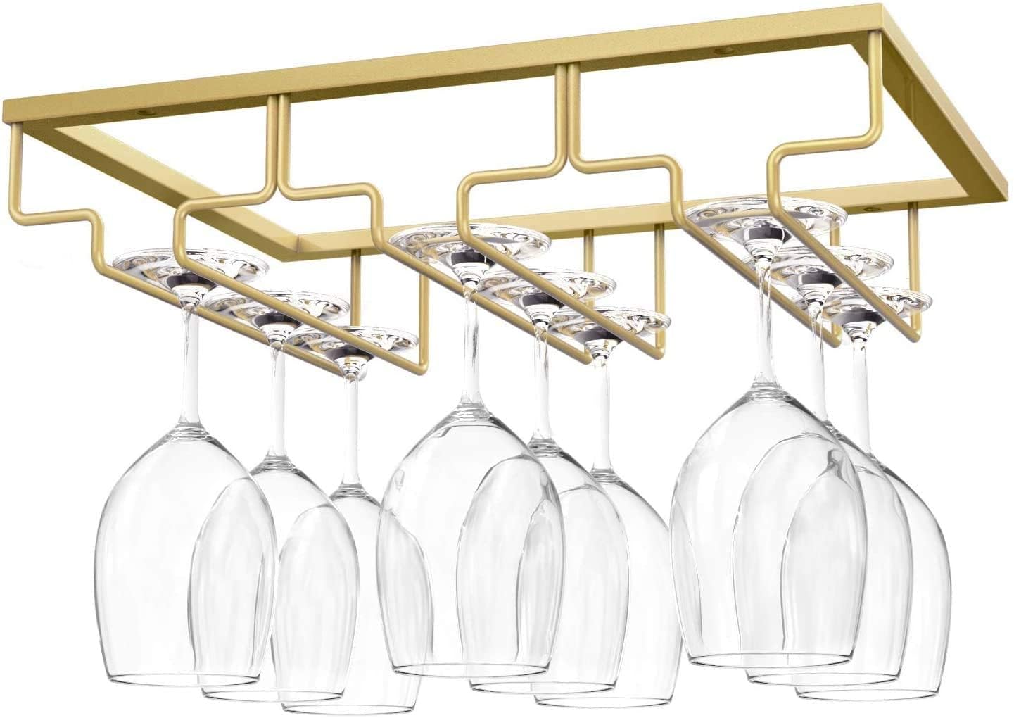 15 WEST 38028 Wine Glass Hanger Rack Under Cabinet Stemware Wine Glass Holder Storage Hanger for Bar Kitchen Cabinet (3 Rows) - Golden Color.