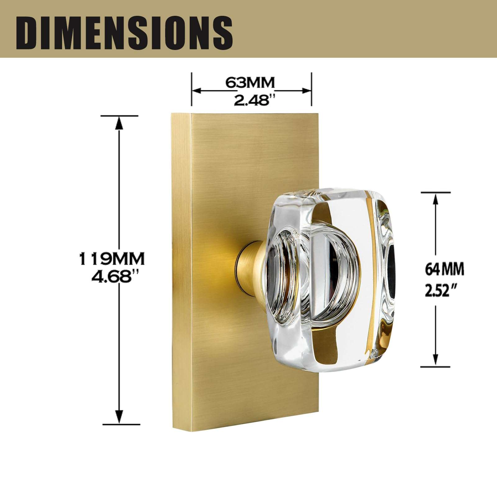 HIEMEY Satin Brass Crystal Glass Dummy Door Knob Interior, Gold Dummy Door Knob for Closet Hall Rectangular Single Side Non-Turning Inactive, 2 Pack 5