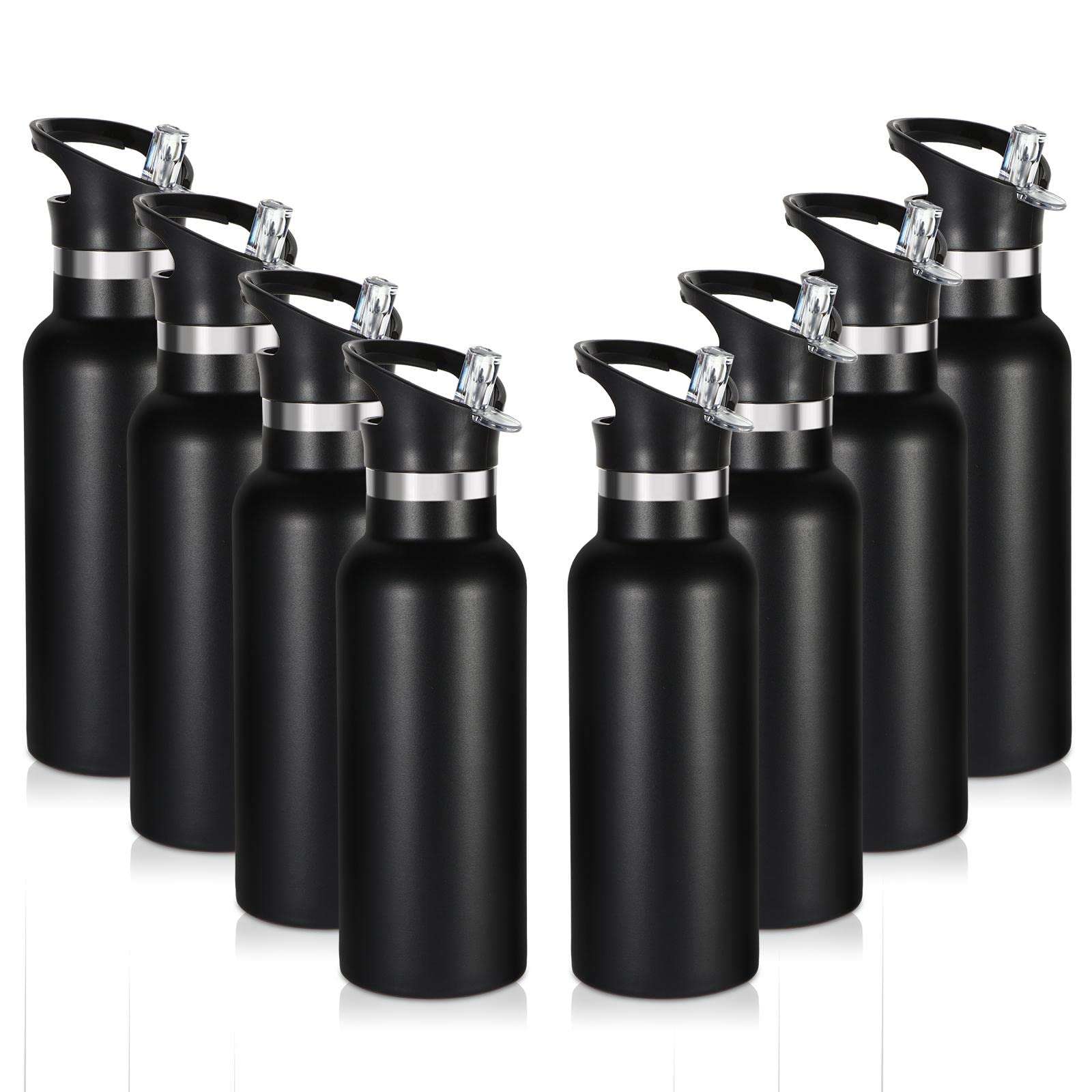 Volhoply 17oz Insulated Water Bottle Bulk 8 Pack,Stainless Steel Kids Water Bottles with Straw Lid,Double Wall Vacuum Metal Thermos Water Bottle,Reusable Sports School Flask Keep Cold(Black,8 Set) 1