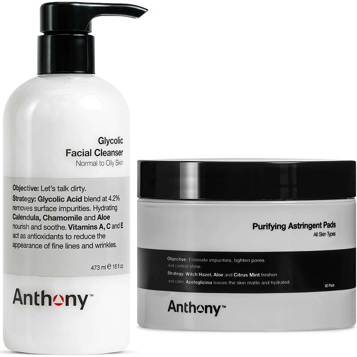 Anthony Glycolic Facial Cleanser, Normal to Oily Skin, 16 Fl Oz Purifying Astringent Toner Pads, 60 Count 1