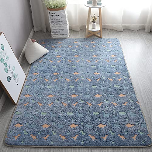 Gefosin Luminous Area Rug Glow in The Dark for Bedroom Living Room, Unique Soft Washable Modern Indoor Rugs for Children Dorm Home Decor, Blue Dinosaur 3.3x5.2 Feet