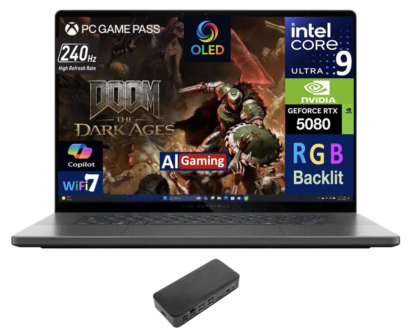 ASUS ROG Zephyrus AI Gaming Laptop 16.0" 240Hz OLED WQXGA Display (Intel Ultra 9-285H, GeForce RTX 5080 16GB, 32GB LPDDR5X, 4TB PCIe SSD, RGB KB, Thunderbolt 4, Win 11 Home) w/USB-C Dock 1