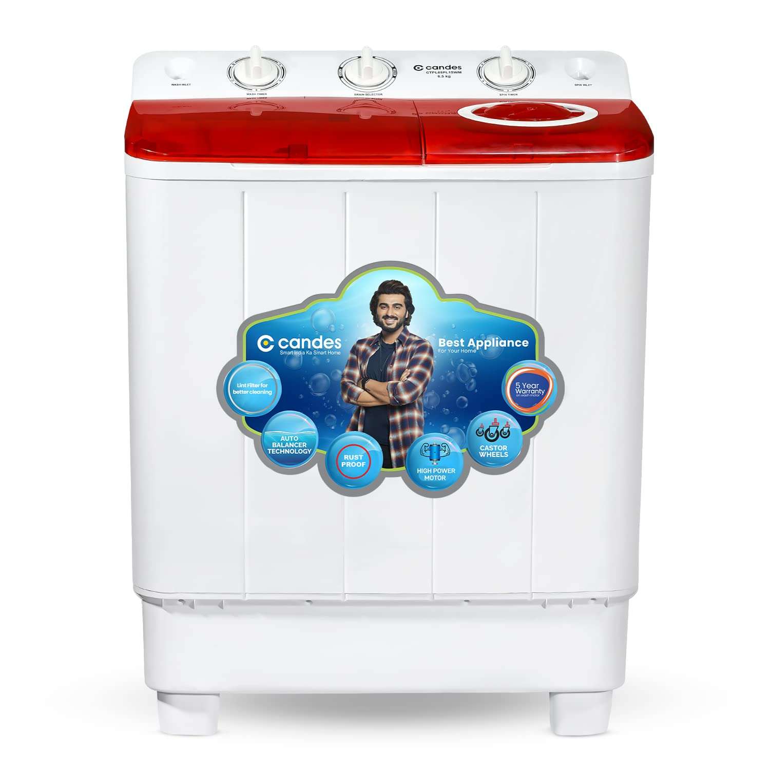 Candes 6.5 kg washing machine semi automatic | Multi Washing Method | Low Water Conusmption | 5 Year Warranty on Moter | (CTPL65PL1SWM), Marron Red 2023 Model 1