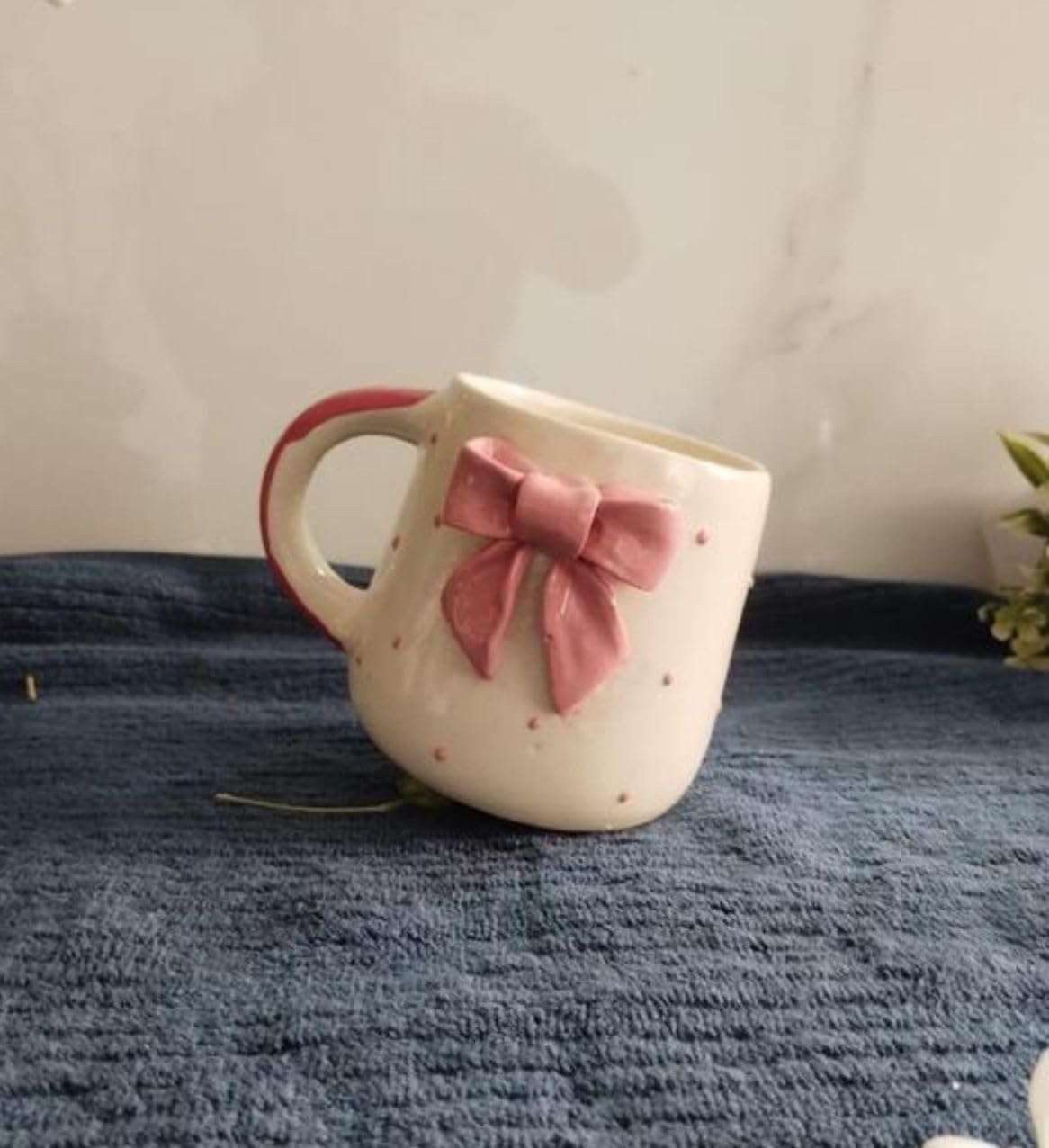 THE INDIAN HOME Cute Pink Bow Ceramic Mug for Coffee Tea Milk | 3D Bow Design Gift Mug for Girls Women Kids | Premium Glazed Polka Dot Finish (1) 3