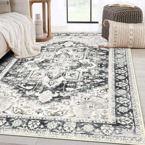Topotdor Washable Rugs 6x9 Vintage Area Rugs Non-Slip Area Rugs Low Pile Floor Carpet Printed Soft Durable Stain Resistant Foldable Rugs Living Room Dining Room Bedroom,Beige 1