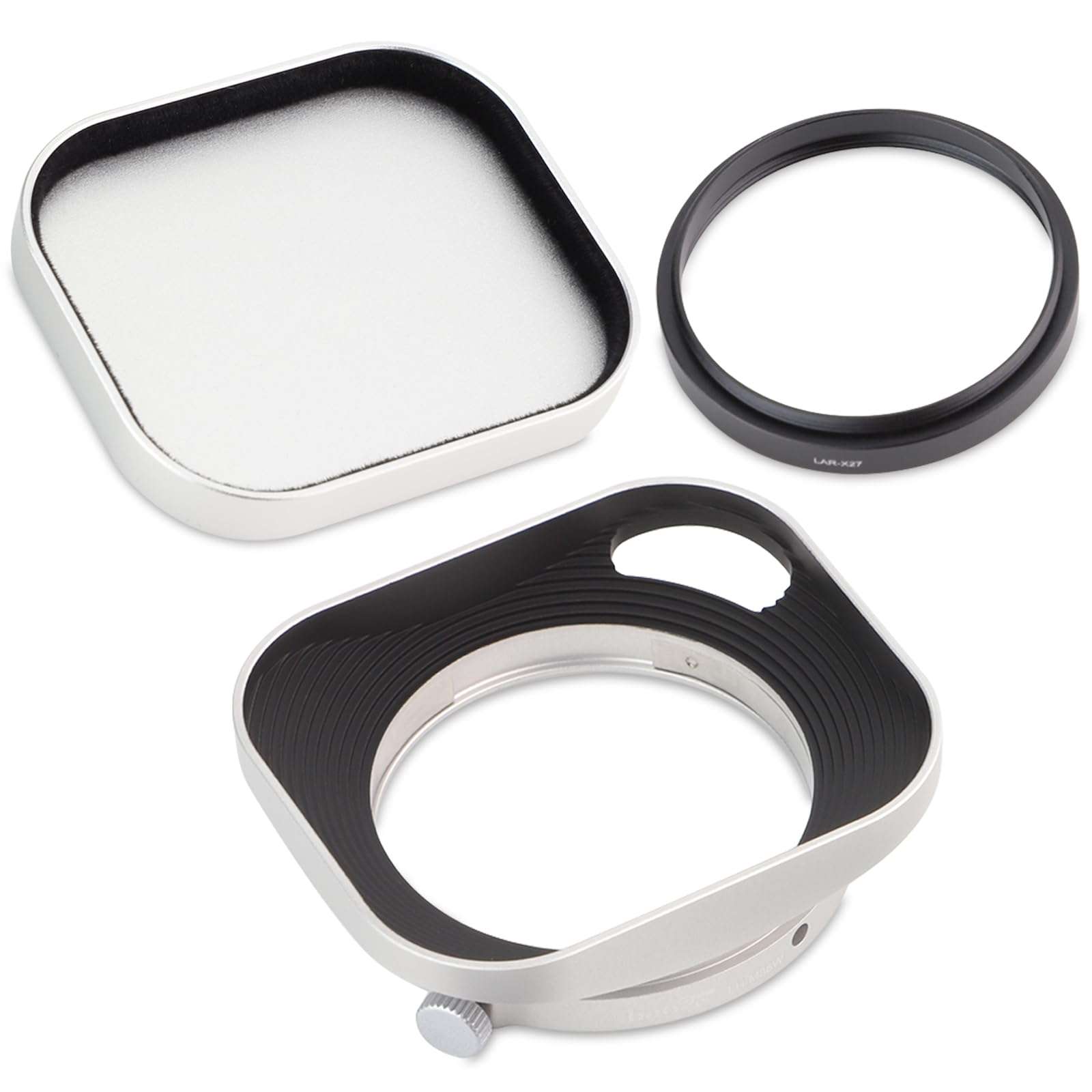 Haoge Metal Squaret Lens Hood for Fujifilm XE5 XF 23mm f2.8 Kit Fujinon XF27mmF2.8 R WR Lense Hood Silver with 39mm E39 Filter Thread,Screw-in Lens Hood with Hollow Out Designed 1
