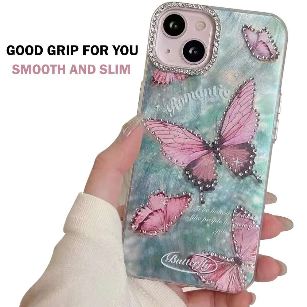 mobistyle Designed for iPhone 15 Cover Glitter Diamond Butterfly Design Phone Back Cover Case (Pink Butterfly) 6