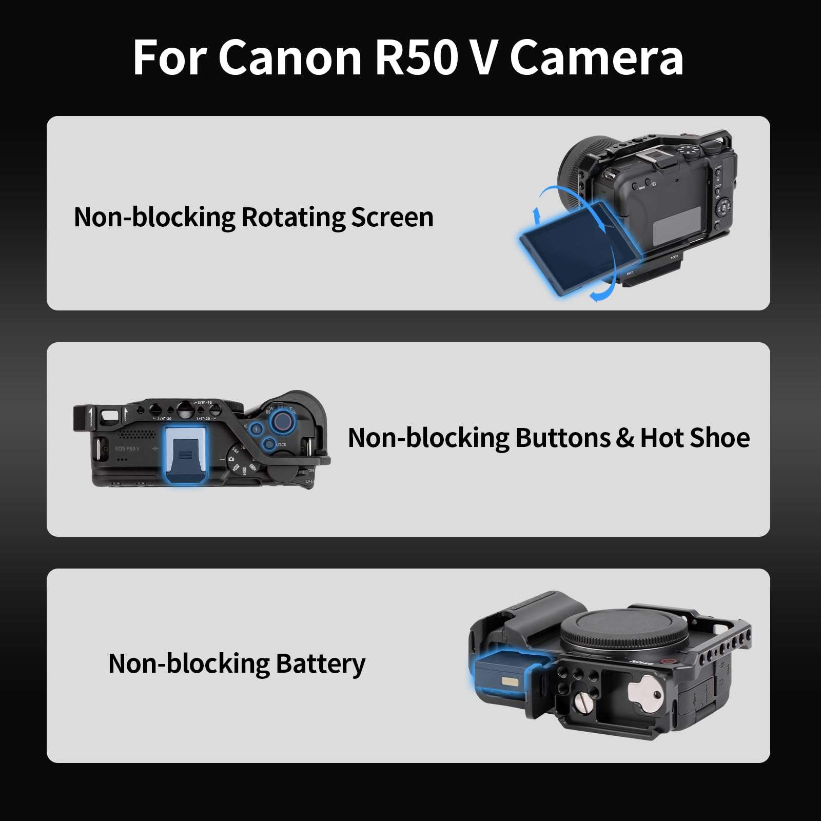 Nitze R50V Cage for Canon R50 V Camera, with Cold Shoe Adapter and Built-in Ergonomic Silicone Grip, Quick Release for Arca and Cold Shoe, Supports Vertical Shooting - T-C07A 3