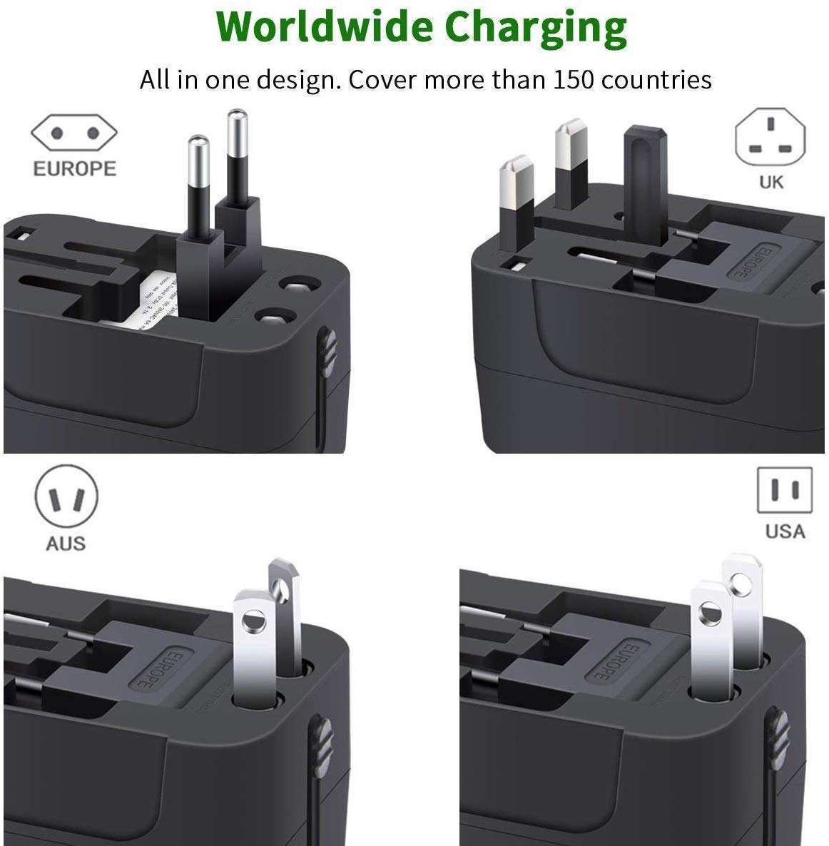 International All in One Worldwide Travel Adapter and Wall Charger with USB Ports with Multi Type Power Outlet USB 2.1A,100-250 Voltage Travel Charger (Black) 6