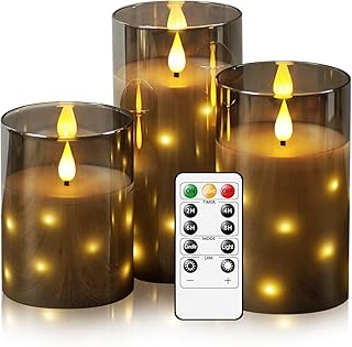 Thorbling Glass Housings Flameless Candles with Real Wax & Flickering Effect - Battery Operated LED Candles, Set of 3 Grey for Home Decor, Weddings, Holiday Decorations