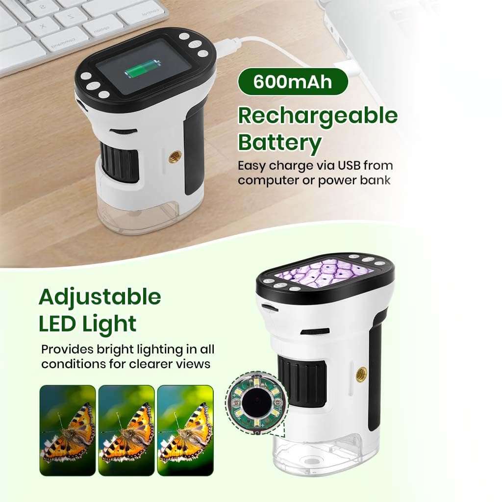 TECPHILE Microscope for Kids Students with Stand Handheld Mini Portable 200-1000X Magnification Digital Microscope Kit 1080P, 2.0" LCD Screen Rechargeable Pocket Microscope, Photo & Video Recording 4