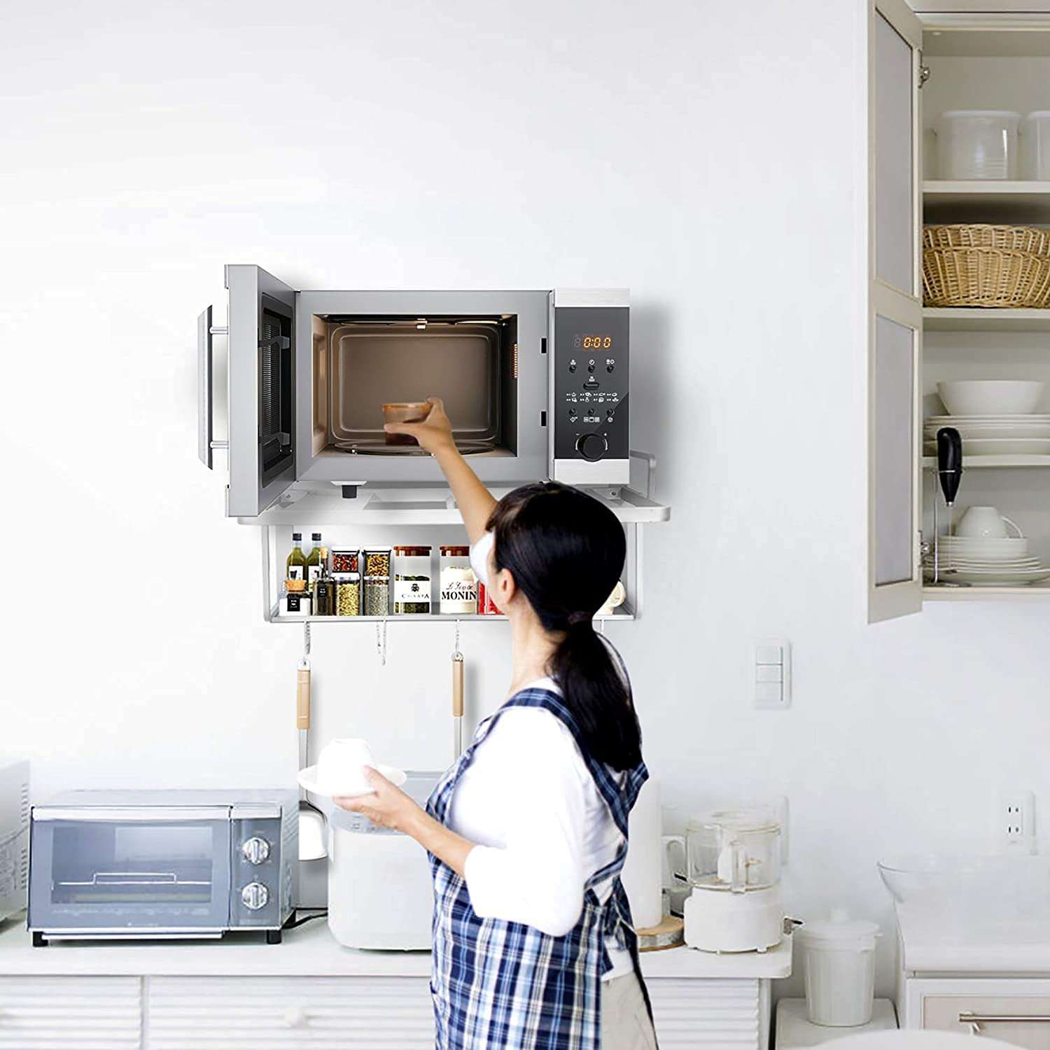 kesig® Wall Shelf Microwave Kitchen, 2 in 1 Wall Shelf Made of Aluminium, Multifunctional Kitchen Wall Mount for Microwave Oven, Spice Bottles, Spoons 6