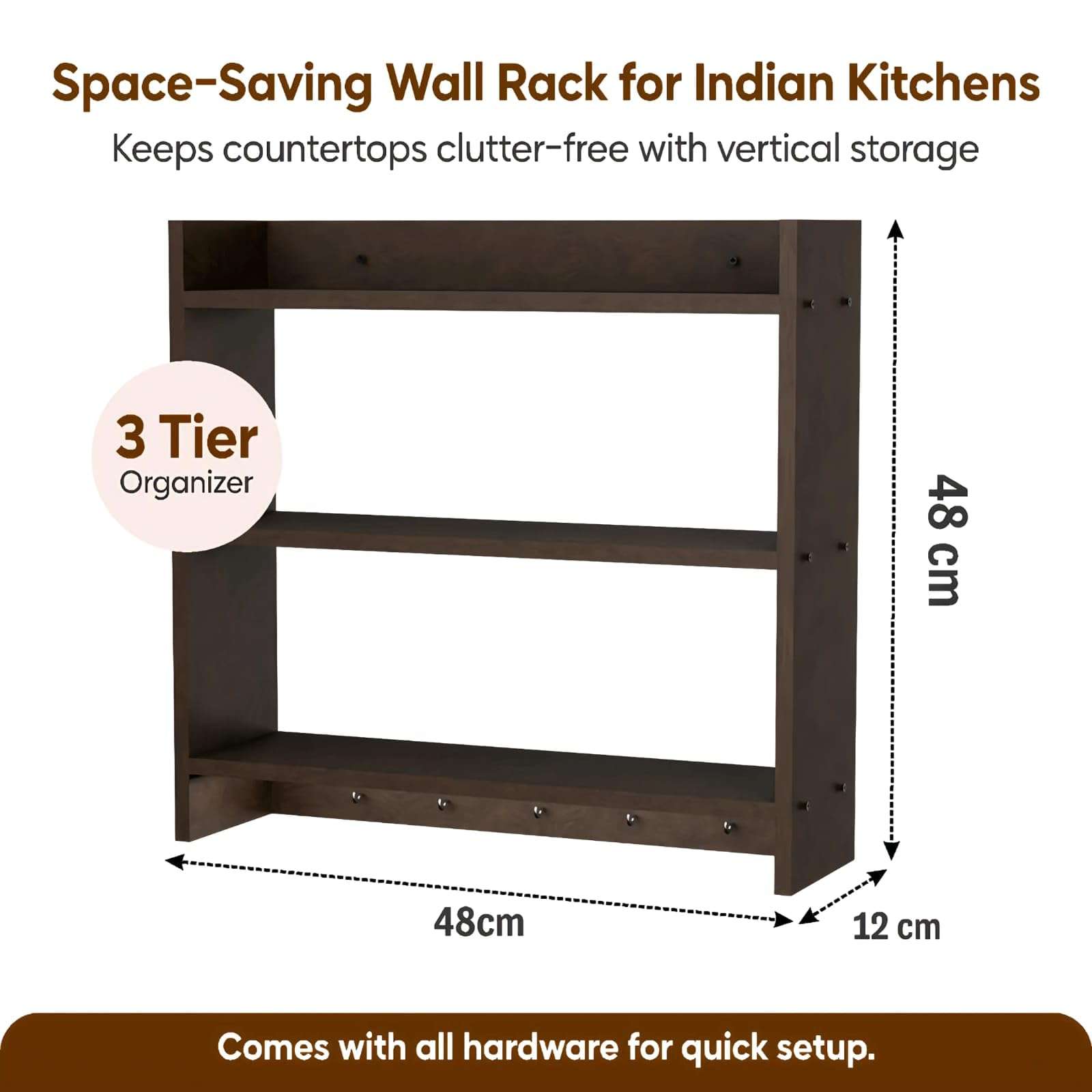 Shoper cart Modern Kitchen Wall Shelf with Hooks, 3-Tier White and Beech Wood Storage Rack, 55 x 50 cm, Utensil Organizer with Spice Jar Display (Brown) 3