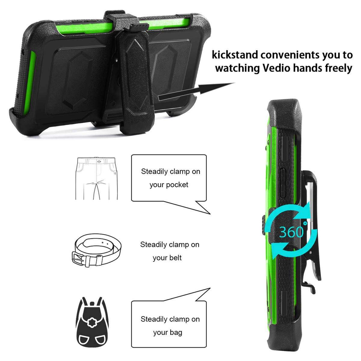 Compatible with K10 2019 Case, K40 Case W [Built-in Screen Protector] Heavy Duty Full-Body Protective Armor Rotatable Belt Clip Holster Case [Kickstand], Green 4