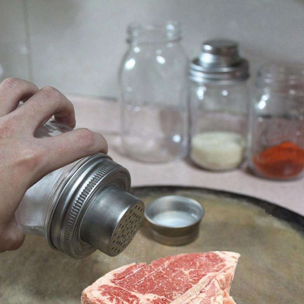 OUNONA 10pcs Stainless Steel Mason Jar Shaker Lids Versatile Spice Dispenser Cocktail Shaker Covers for Salt Sugar Spices and Flour Storage Easy to Use and Store 4