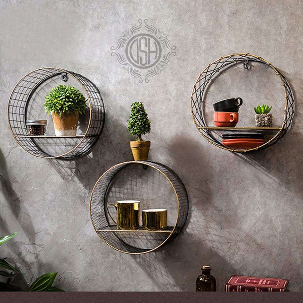 DSH CRAFTING YOUR CURIOSITY Metal Multipurpose Wall Racks Shelves Set of -3 Hanging Floating Decorative Wire Large Round Wall Mounted Shelf (Shelf-01-i-jaliR-3P) 3