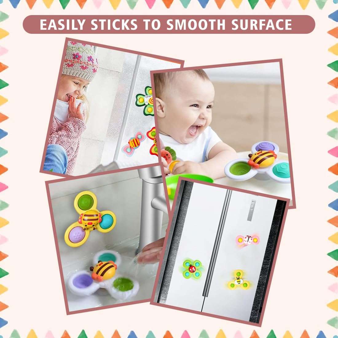 Wembley Suction Spinner Toy for Baby Bath Toys Water Toys for Kids Fidget Spinner Spinning Sensory Toddler Infant Flight Travel Toy Stick to Car Window Table Chair Birthday Return Gift for Kids 3 Pcs 6